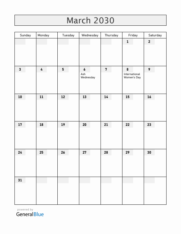 Uganda March 2030 Calendar with Holidays