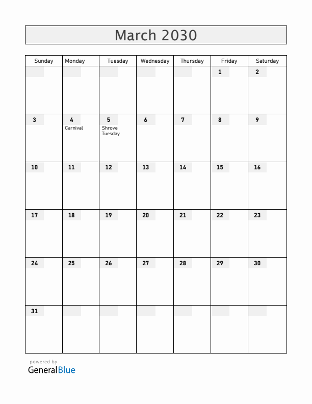 Uruguay March 2030 Calendar with Holidays