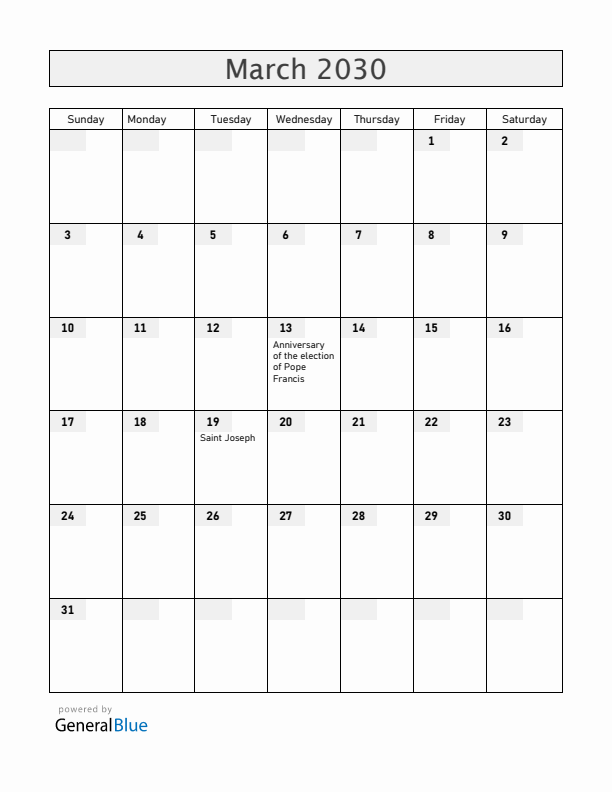 Vatican March 2030 Calendar with Holidays