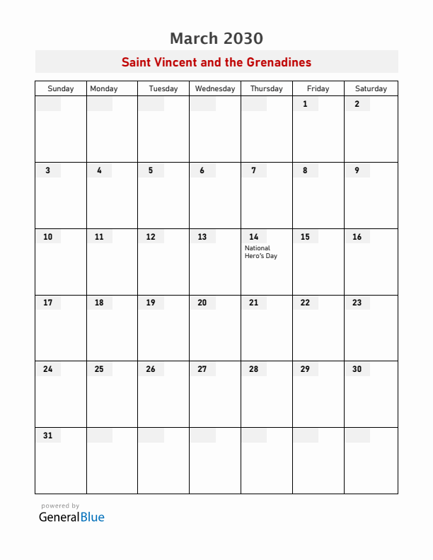 Saint Vincent and the Grenadines March 2030 Calendar with Holidays