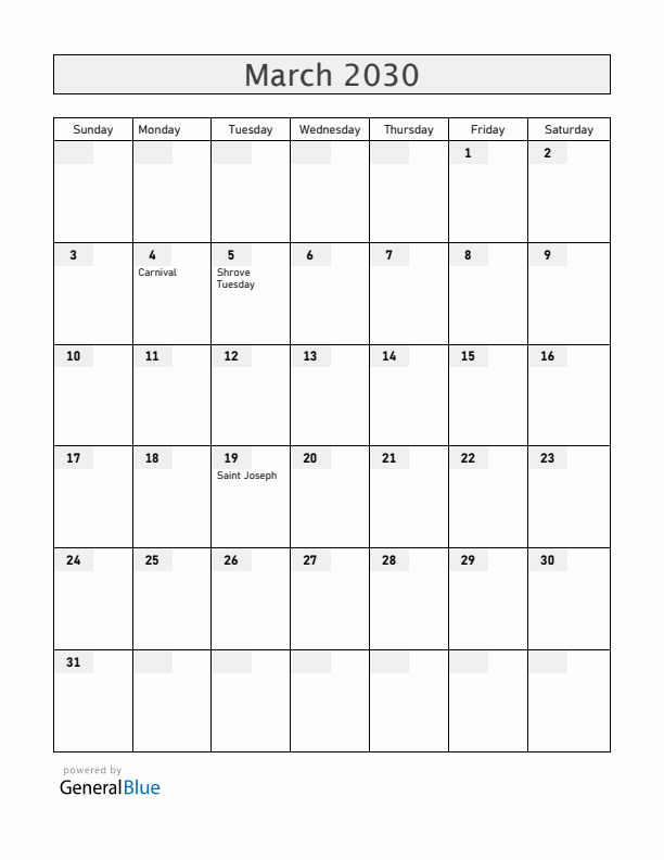 Venezuela March 2030 Calendar with Holidays