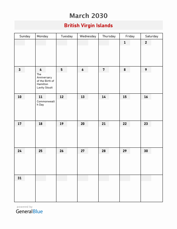 British Virgin Islands March 2030 Calendar with Holidays