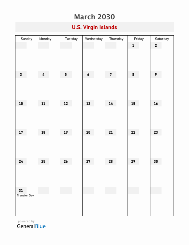 U.S. Virgin Islands March 2030 Calendar with Holidays