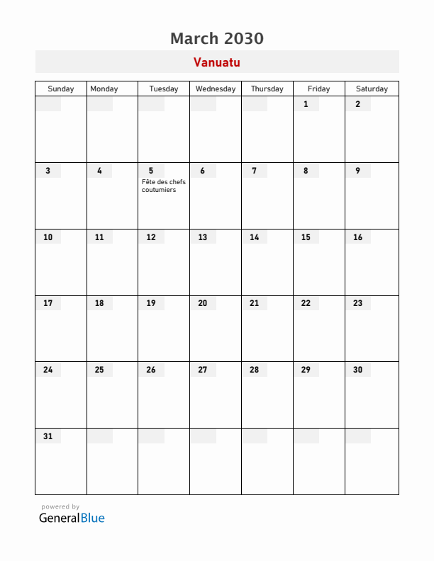 Vanuatu March 2030 Calendar with Holidays