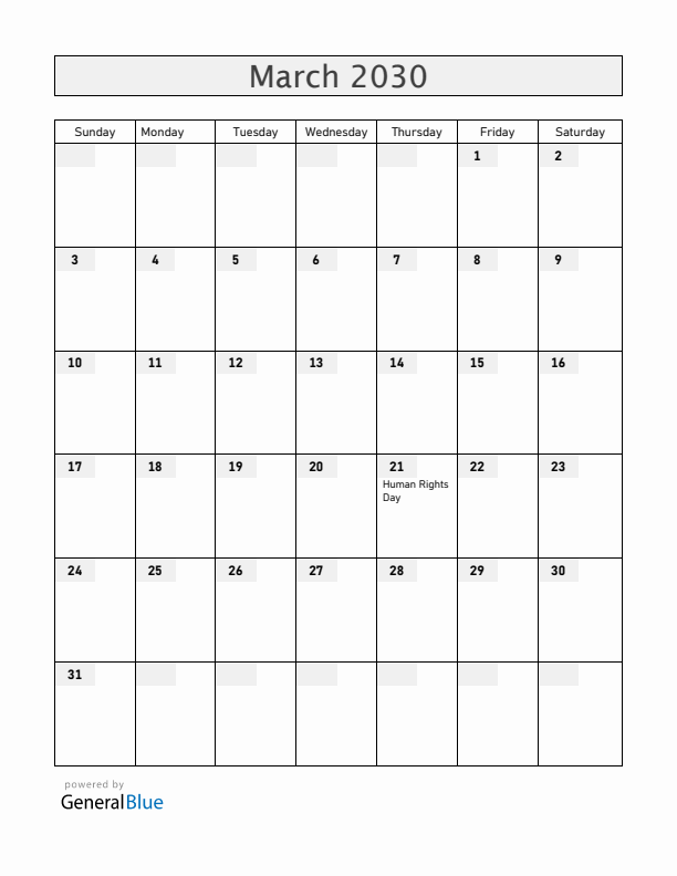 South Africa March 2030 Calendar with Holidays