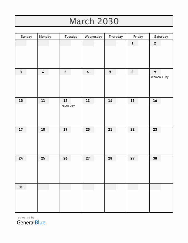 Zambia March 2030 Calendar with Holidays