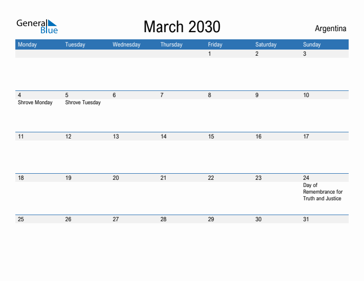 Fillable March 2030 Calendar