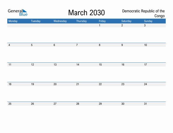 Fillable March 2030 Calendar