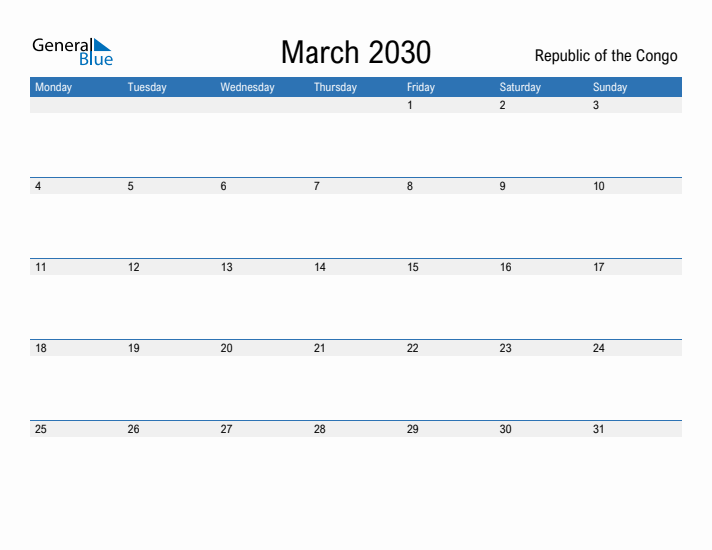 Fillable March 2030 Calendar