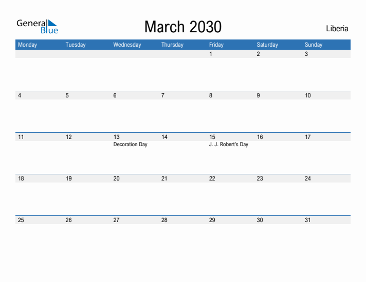 Fillable March 2030 Calendar