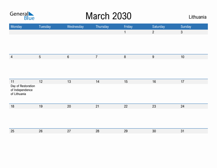 Fillable March 2030 Calendar