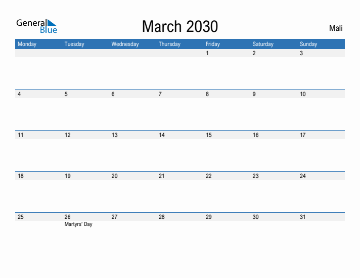 Fillable March 2030 Calendar