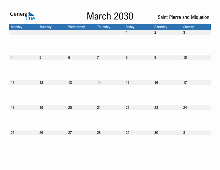 Fillable March 2030 Calendar
