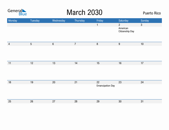 Fillable March 2030 Calendar