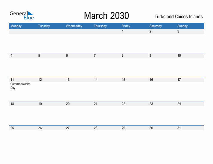Fillable March 2030 Calendar