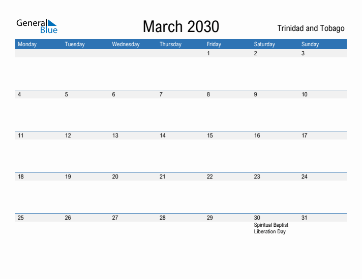 Fillable March 2030 Calendar