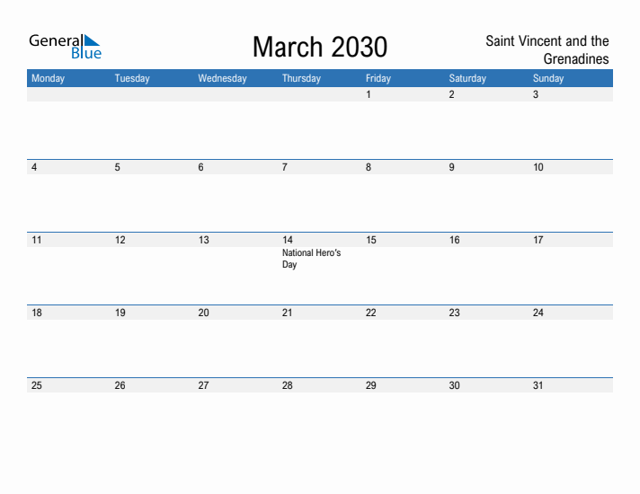 Fillable March 2030 Calendar