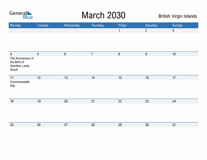 Fillable March 2030 Calendar