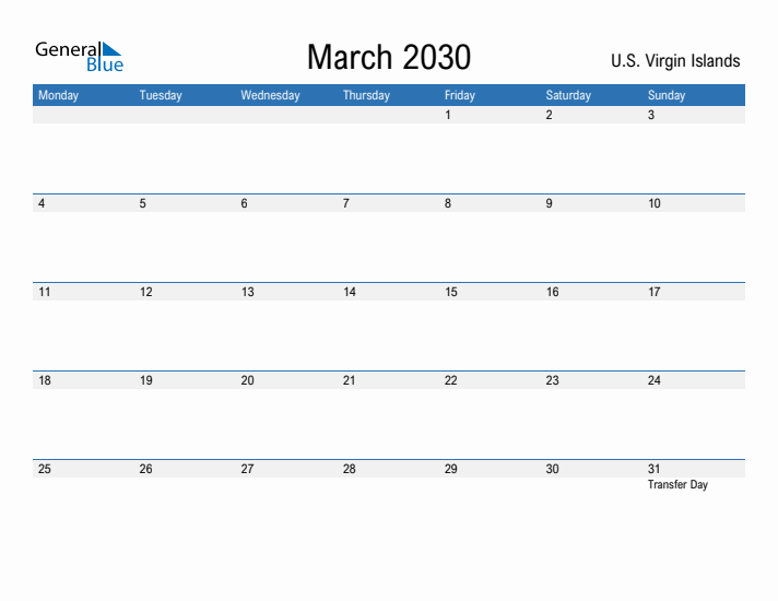 Fillable March 2030 Calendar