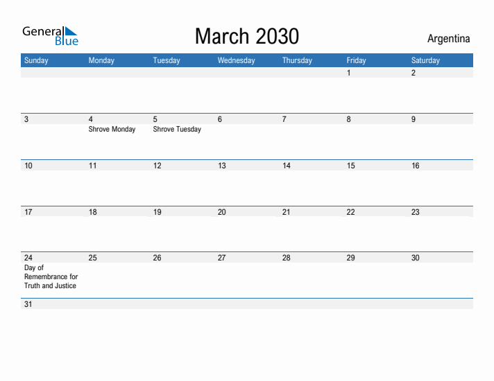 Fillable March 2030 Calendar