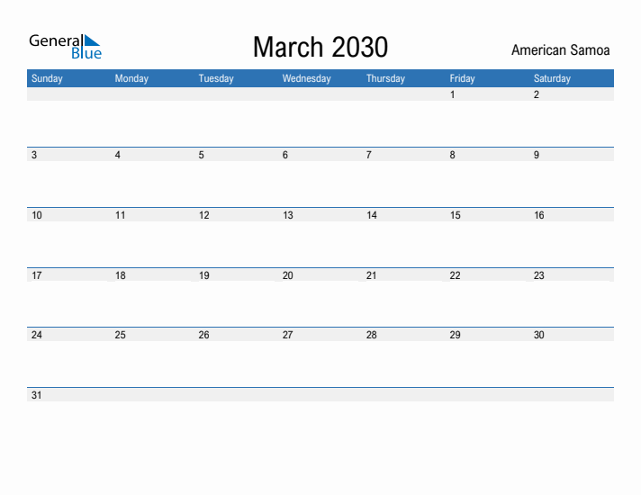 Fillable March 2030 Calendar