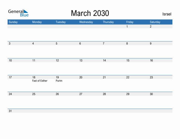 Fillable March 2030 Calendar