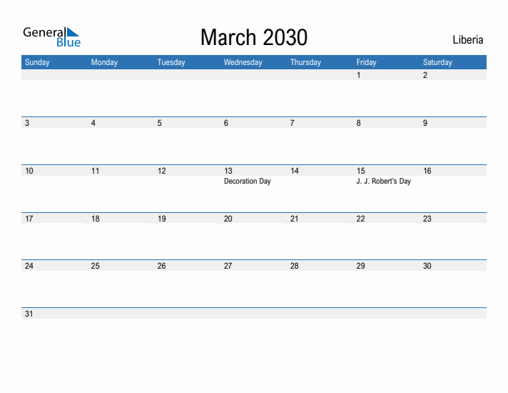 Fillable March 2030 Calendar