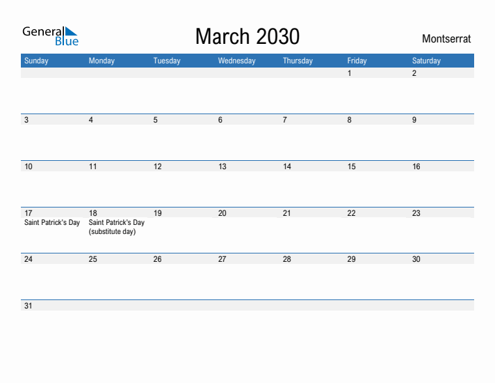 Fillable March 2030 Calendar