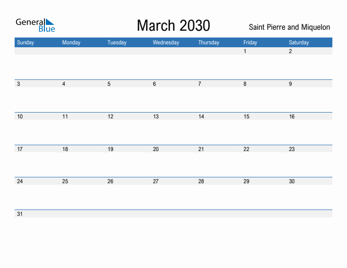 Fillable March 2030 Calendar