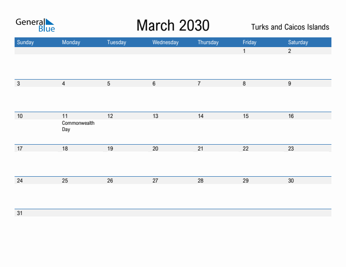 Fillable March 2030 Calendar