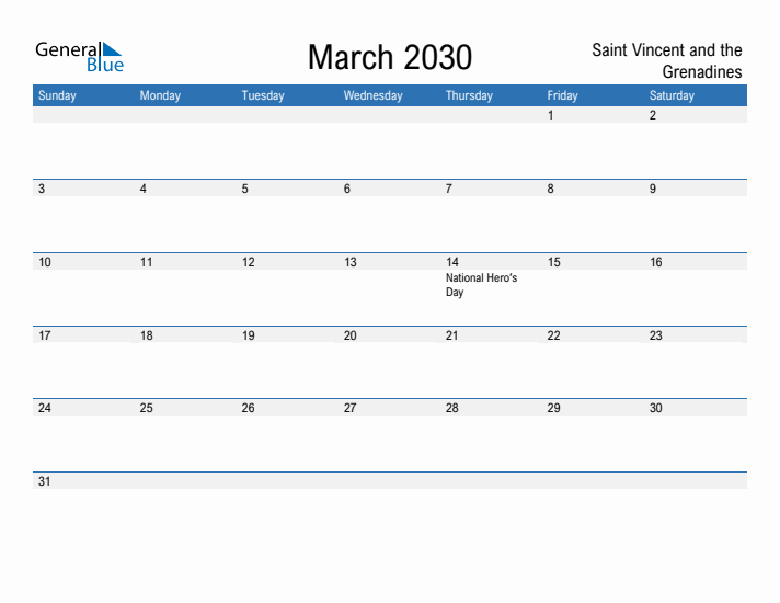 Fillable March 2030 Calendar