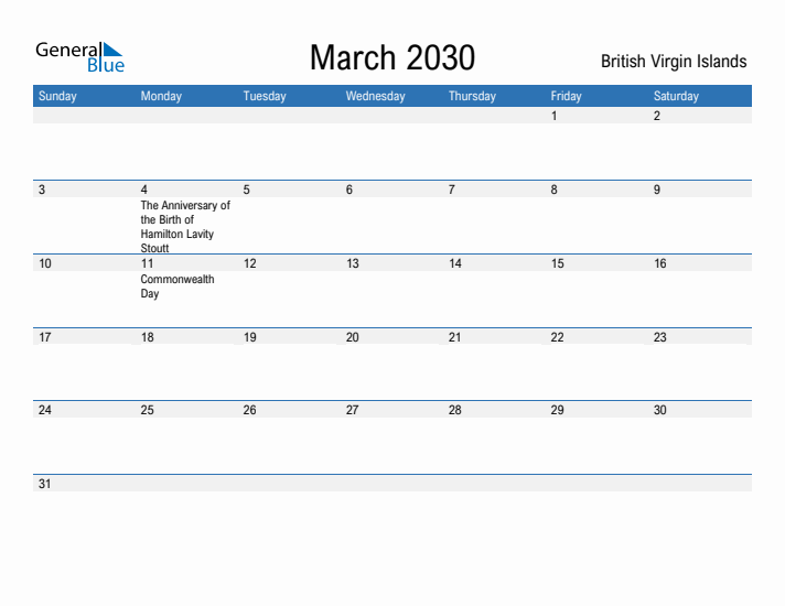 Fillable March 2030 Calendar
