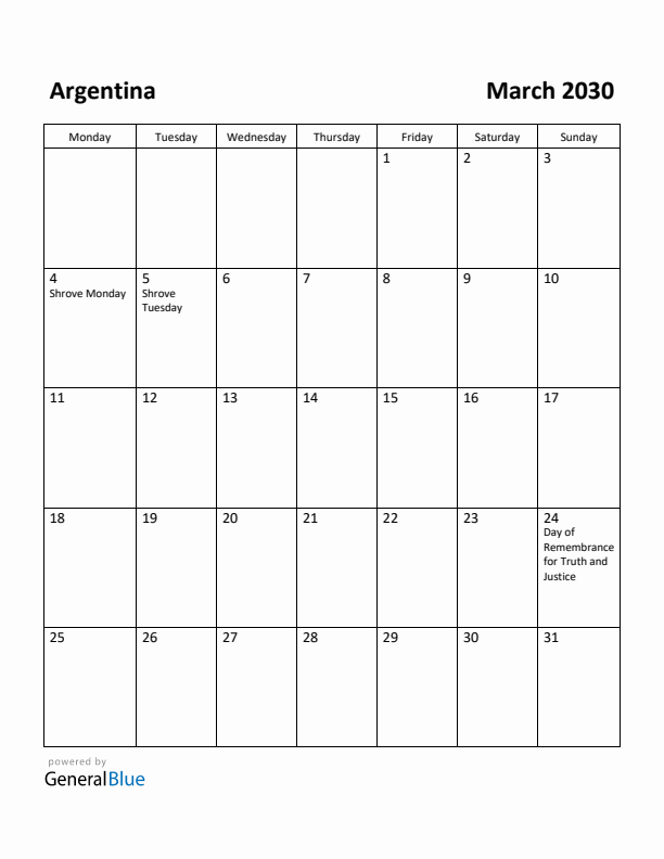March 2030 Calendar with Argentina Holidays