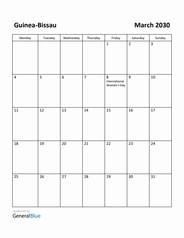 March 2030 Calendar with Guinea-Bissau Holidays