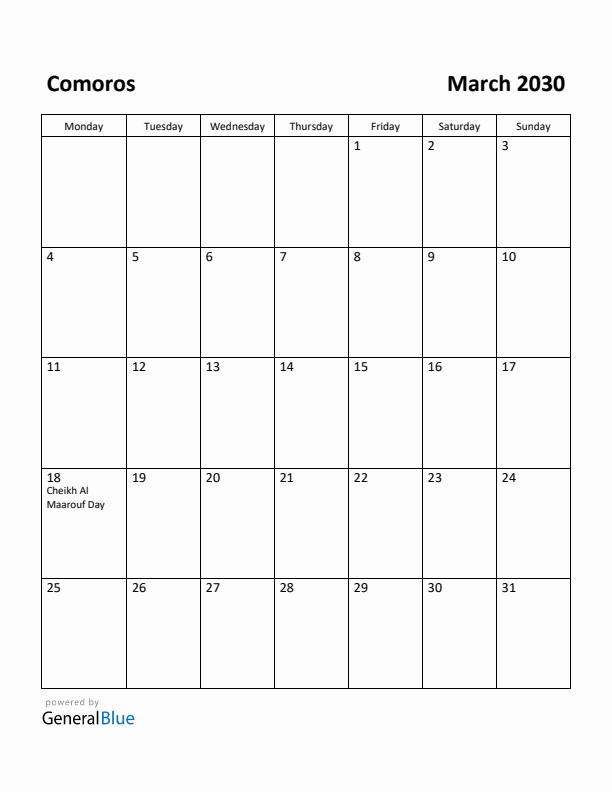 March 2030 Calendar with Comoros Holidays
