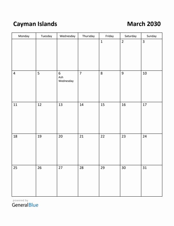 March 2030 Calendar with Cayman Islands Holidays