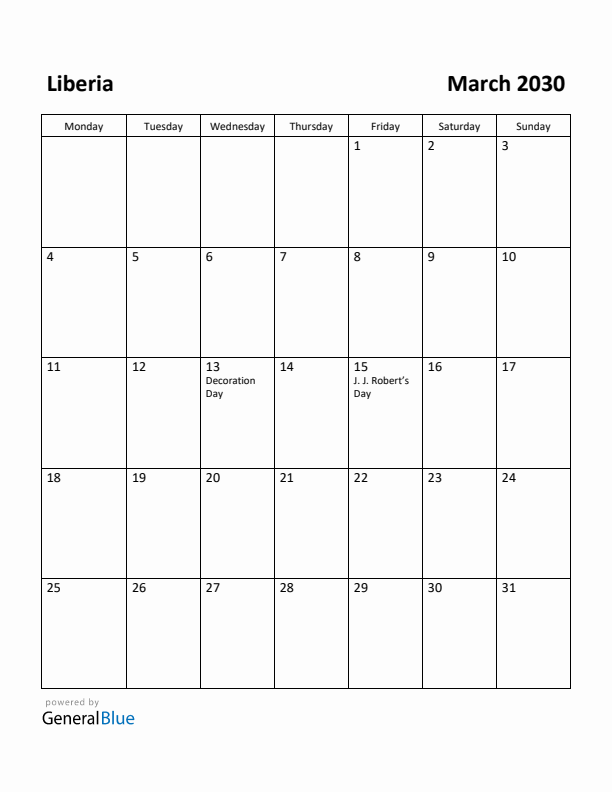 March 2030 Calendar with Liberia Holidays