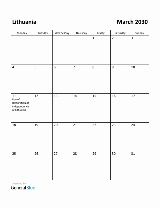 March 2030 Calendar with Lithuania Holidays