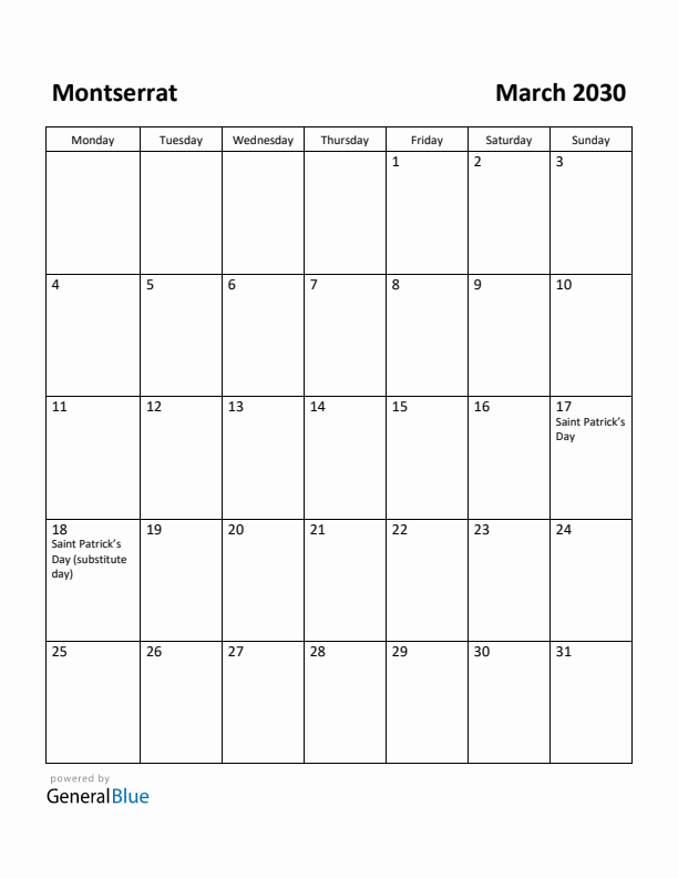 March 2030 Calendar with Montserrat Holidays
