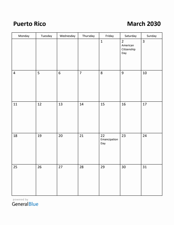 March 2030 Calendar with Puerto Rico Holidays