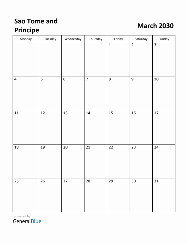 March 2030 Calendar with Sao Tome and Principe Holidays