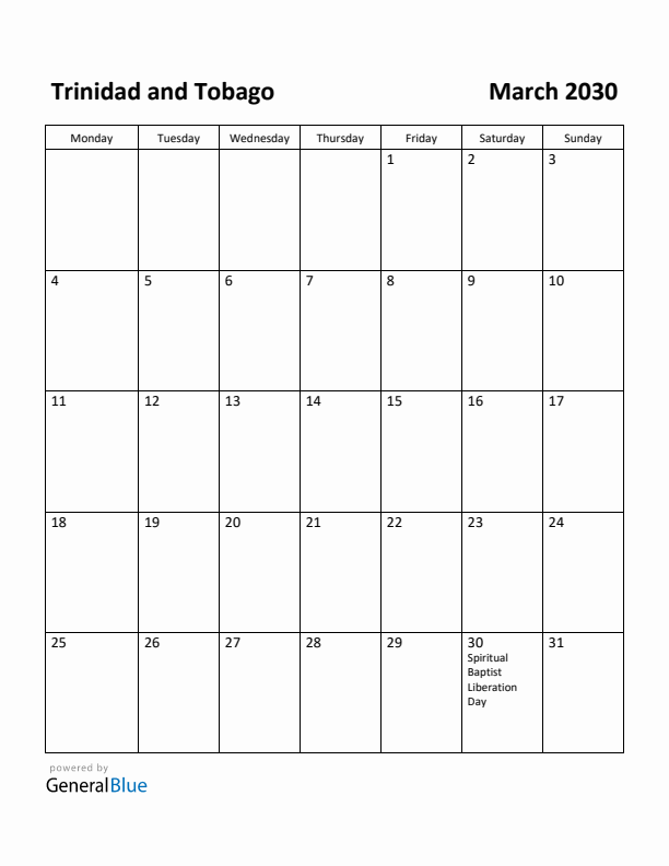 March 2030 Calendar with Trinidad and Tobago Holidays