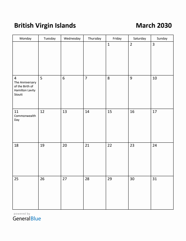 March 2030 Calendar with British Virgin Islands Holidays