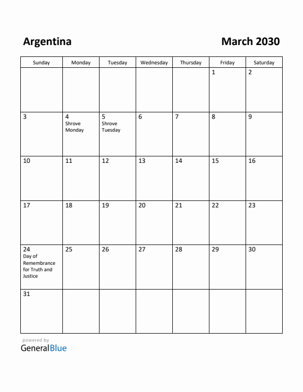 March 2030 Calendar with Argentina Holidays