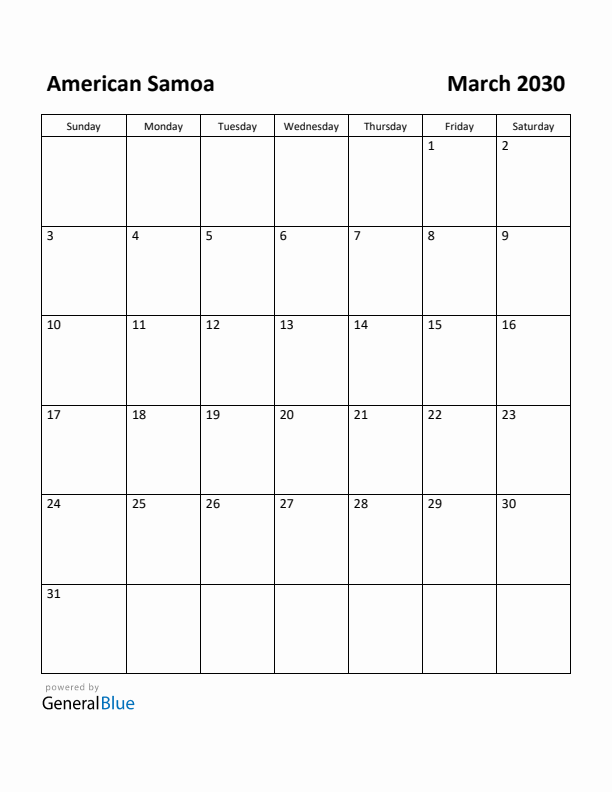 March 2030 Calendar with American Samoa Holidays