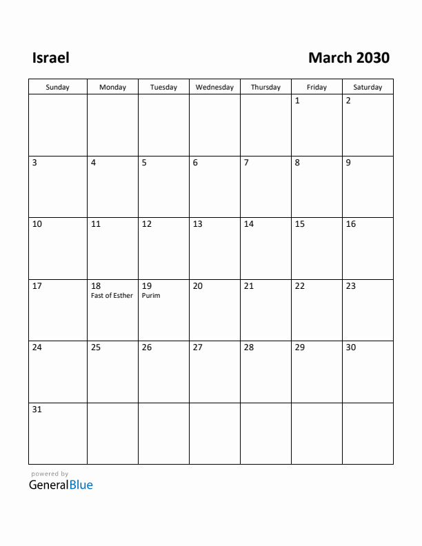 March 2030 Calendar with Israel Holidays