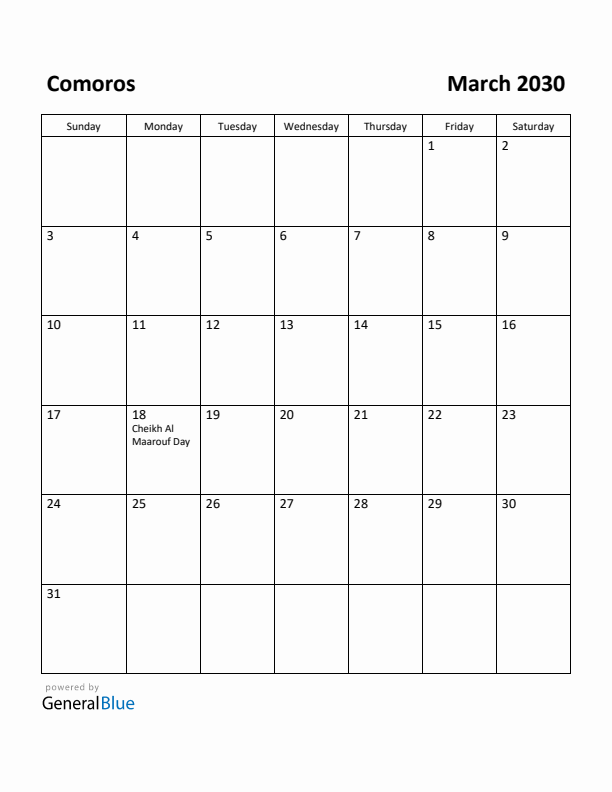 March 2030 Calendar with Comoros Holidays