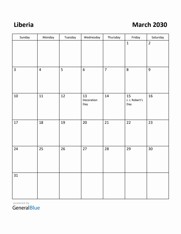 March 2030 Calendar with Liberia Holidays