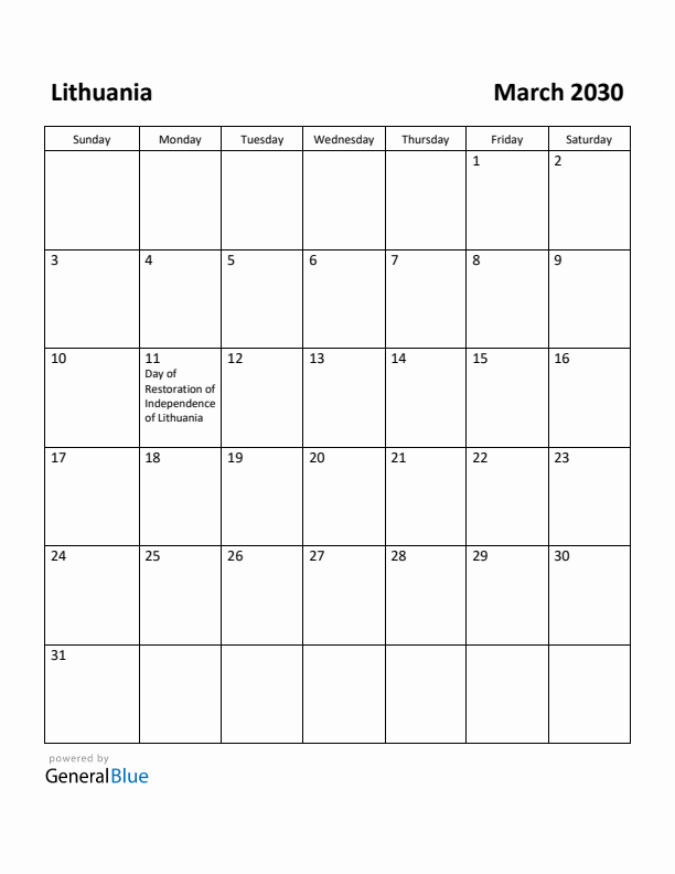 March 2030 Calendar with Lithuania Holidays