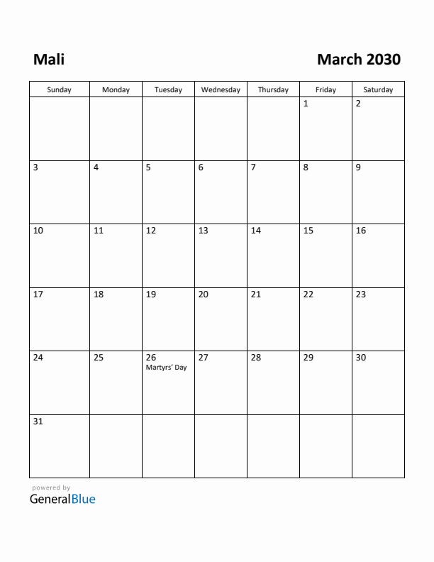 March 2030 Calendar with Mali Holidays